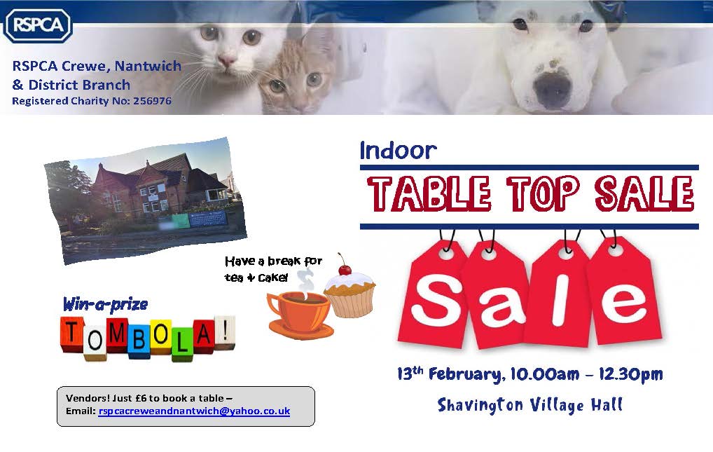 RSPCA Crewe, Nantwich and district branch to hold table top sale